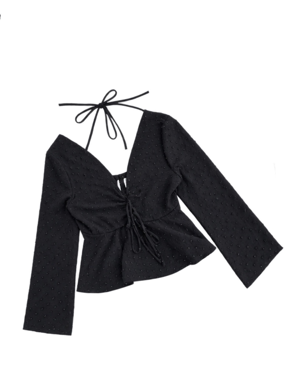 Altar'd State Black Deep V Swiss Dot Long Sleeve Blouse / Crop Top